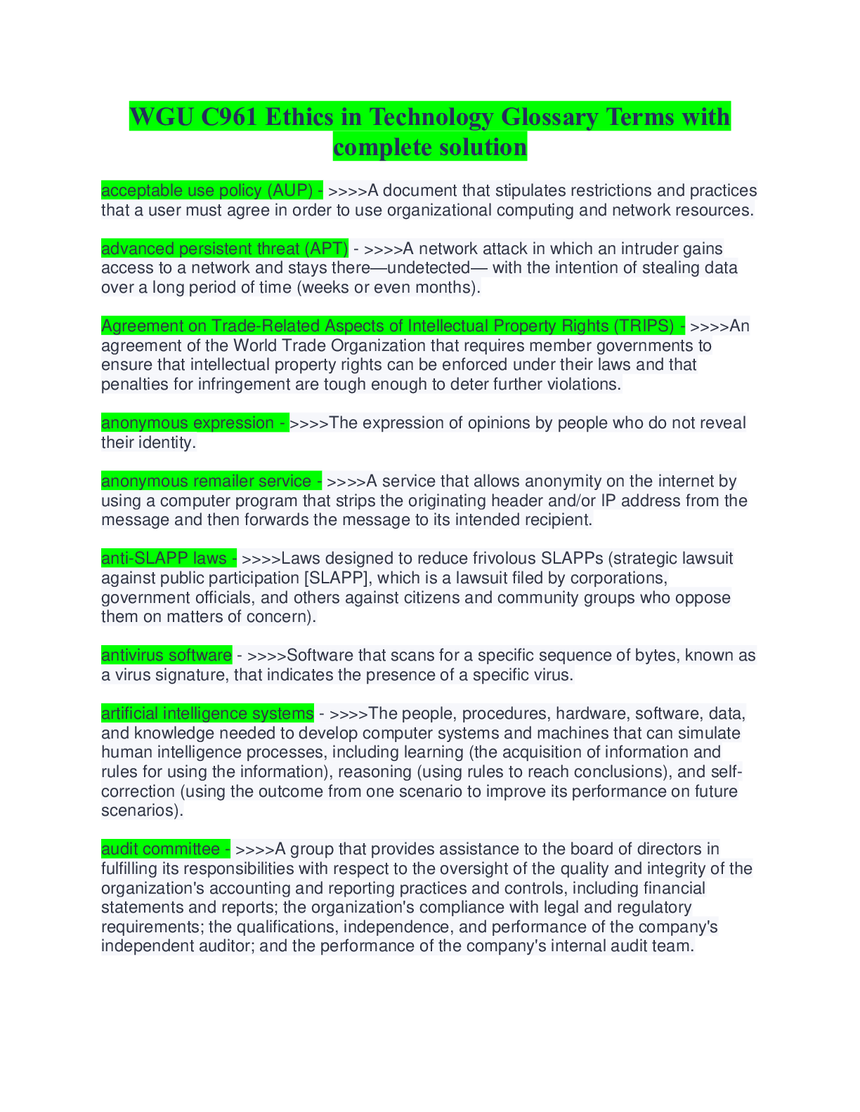 Preview image for WGU C961 Ethics In Technology Glossary Terms with complete solution